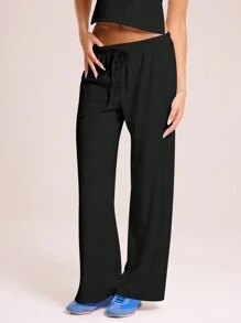MUSERA Elasticated Waistband Straight Leg Trousers Summer Vacation Boho Chic Elegant - Black - View 1