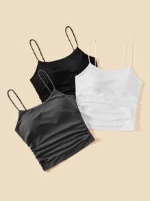 SHEIN Essnce Áo ba lỗ cổ tròn bó sát thoải mái cho nữ mùa hè thoáng khí cơ bản áo hai dây nữ áo ngực miễn phí áo ba lỗ, gói 3 - Màu xám đen - Xem 3