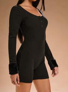 SHEIN SXY Autumn Winter Knitted High Stretchy Jumpsuit With Frayed Hem Fall Winter Women Clothing - Black - View 4