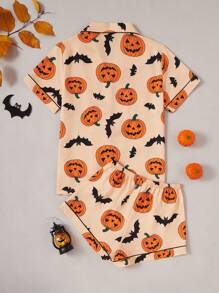 Halloween Pumpkin & Bat Print Collared Short Sleeve Pajama Set - Multicolor - View 2