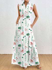 SHEIN Clasi 女士 V 领无袖宽松休闲花卉印花连衣裙 - 綠色 - 查看 5