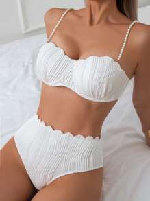 1 件装女士纯色仿珍珠装饰弧形边缘时尚比基尼上衣夏季 - 白色 - 查看 7