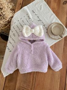SHEIN Newborn Baby Girl Thickened Hooded Sweatshirt With Color Block Big Bow - Mauve Purple - View 1
