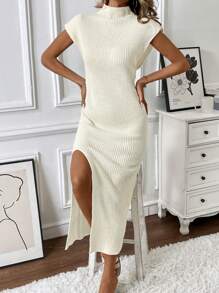 Chiquease Sleeveless High Neck Split Shoulder Sweater Dress - Apricot - View 4