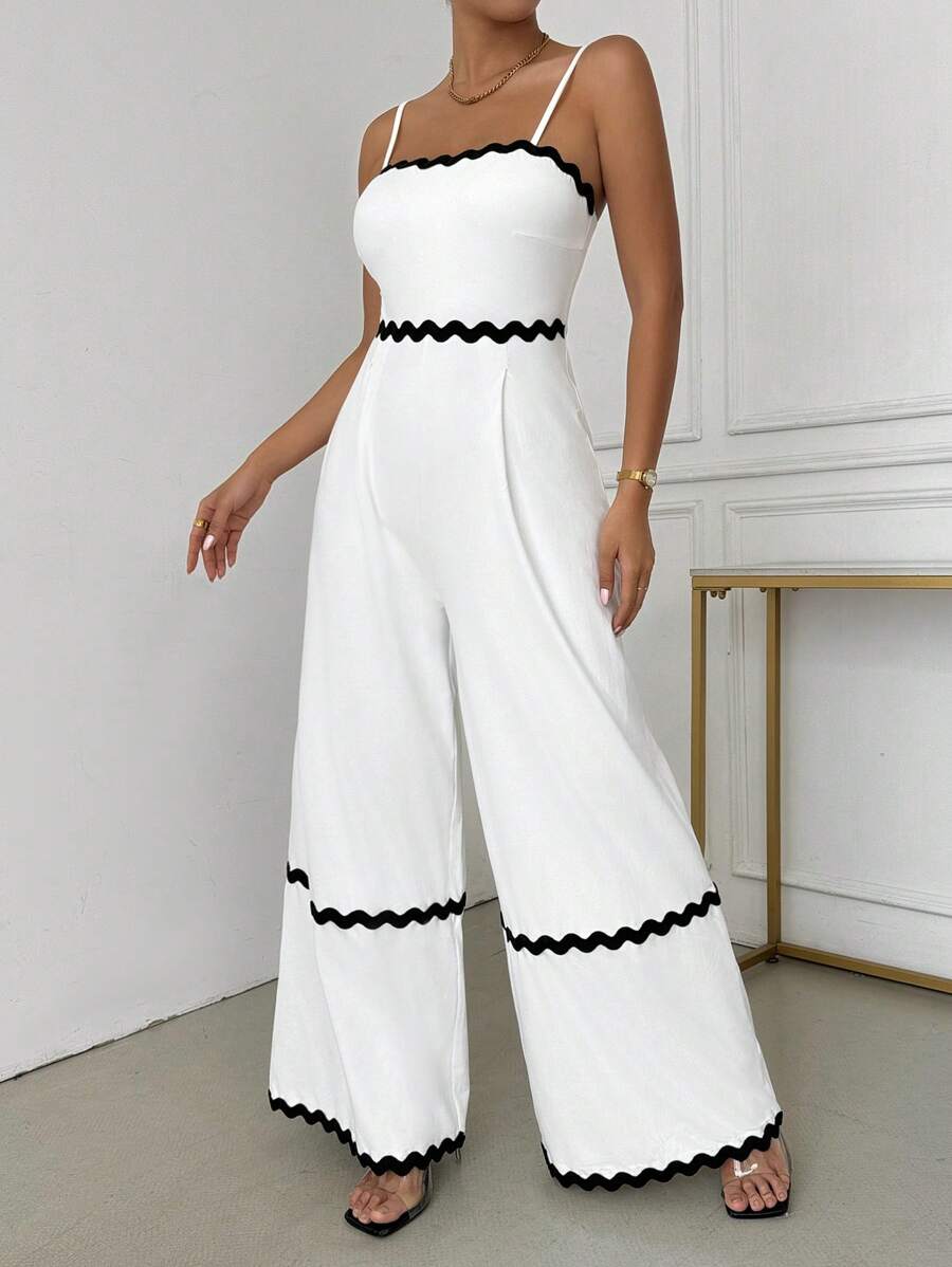 SHEIN SXY Sexy Elegant Casual Black & White Contrast Color Women's Sleeveless Long Wide Leg Jumpsuit, Autumn/Summer - Black and White - View 1