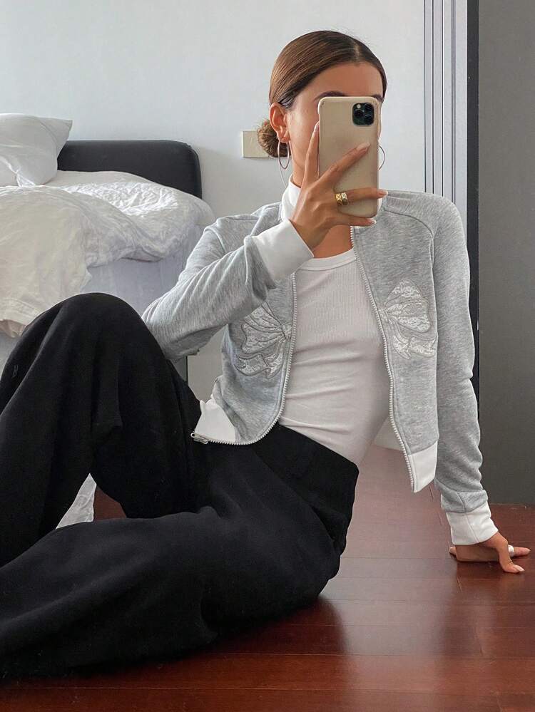 Women's Long Sleeve Sweatshirt With Collared Bowknot Decor Jacket Zip Up