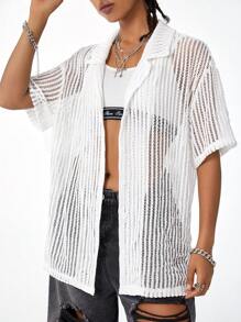 SHEIN EZwear 街头服饰纹理面料女士中性短袖衬衫，春/夏 - 白色 - 查看 4