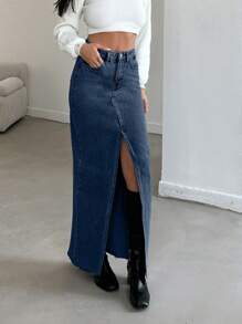 EURMUSE Women High Waist Slit Long Casual Denim Skirt - Dark Wash - View 5