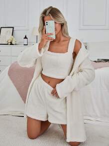 RueChic 3Pcs Fleece Fabric Homewear Lounge Set - White - View 4