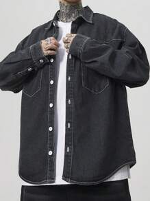 Manfinity EMRG Men's Washed Gray Denim Contrast Trim Loose Casual Raglan Baggy Shirt - Dark Grey - View 5