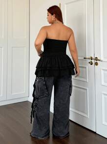 SHEIN ICON Plus Size Off-The-Shoulder Cake Jellyfish Hem Solid Color Sleeveless Top - Black - View 6
