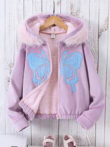 Tween Girl Hooded Padded Coat With Butterfly Embroidery Fluffy Collar Cute Girl Coat - Pink - View 1