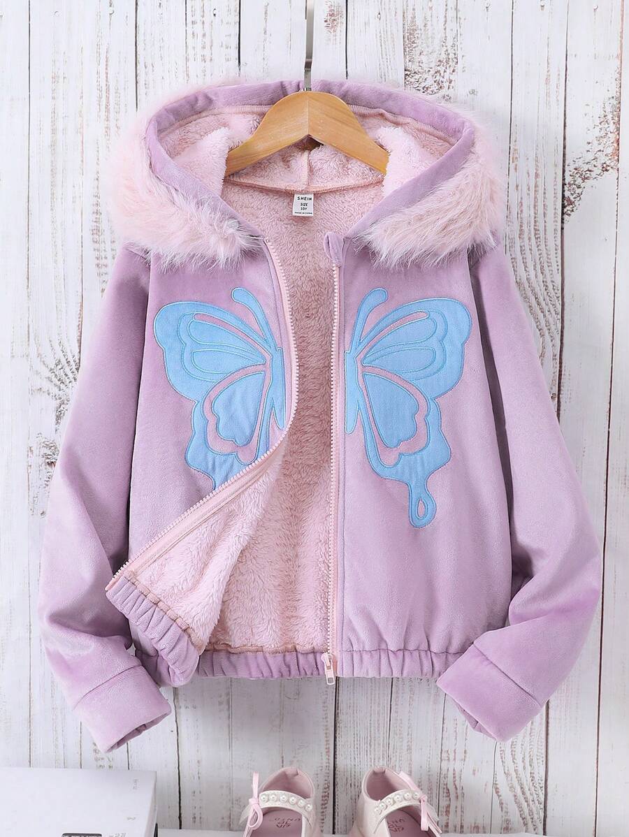 Tween Girl Hooded Padded Coat With Butterfly Embroidery Fluffy Collar Cute Girl Coat - Pink - View 1