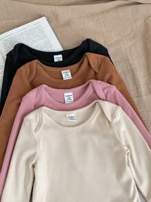 SHEIN LMoss Kids 4件套LMoss新生女婴可爱针织纯色连体衣套装，秋冬款 - 彩色 - 查看 4