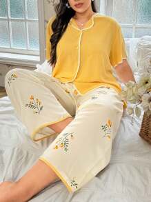 CottageSlumber Plus Size Women's Solid Color Top & Floral Printed Pants Pajama Set - Yellow - View 3