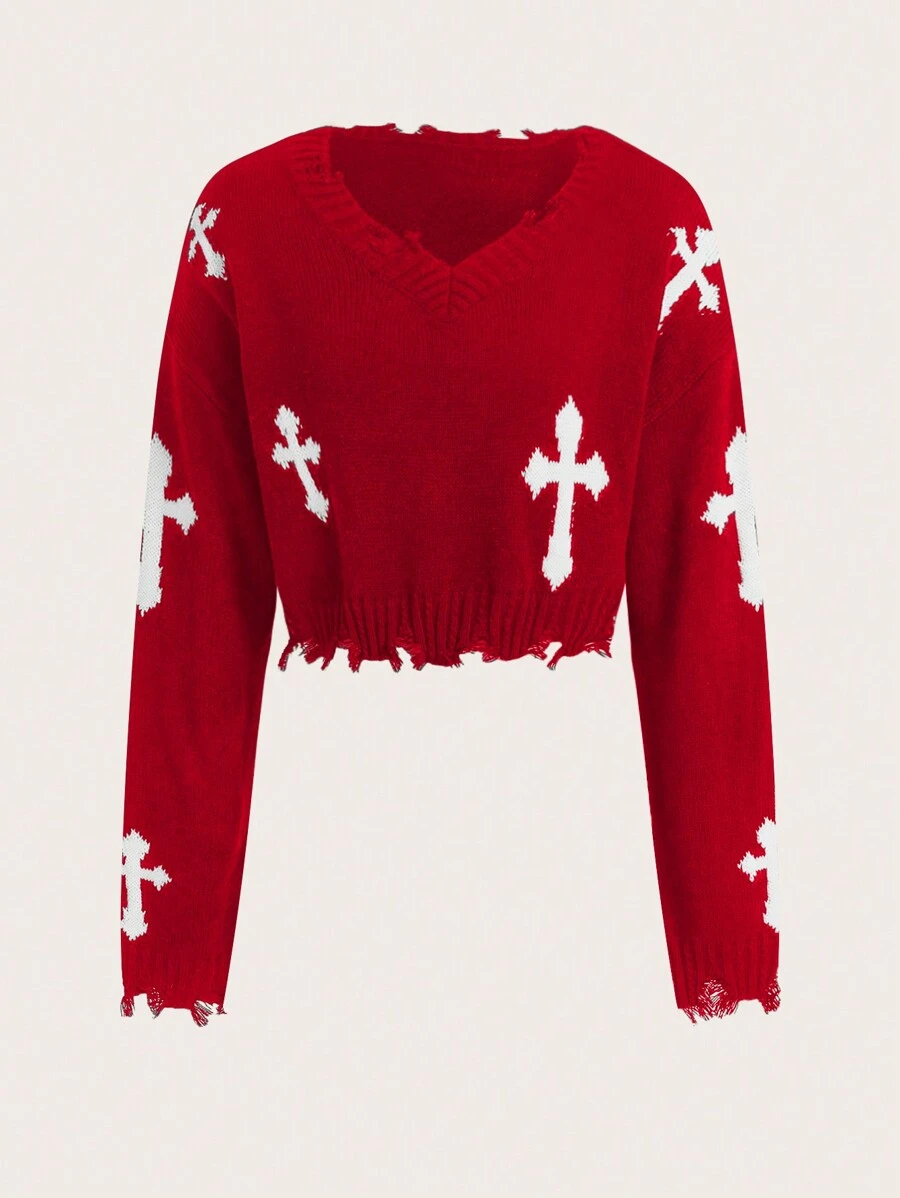 SHEIN EZwear 女式秋冬 V 领十字图案落肩长袖做旧宽松毛衣 - 紅色 - 查看 1