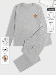 RueChic Cotton Men Bear Printed Button Neck Regular Long-Sleeve Homewear Set - Grey - View 1
