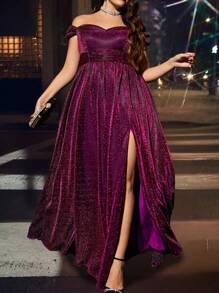 Plus Size Off Shoulder Zipper Back Pleated Elegant Bridesmaid Dress - Hot Pink - View 1