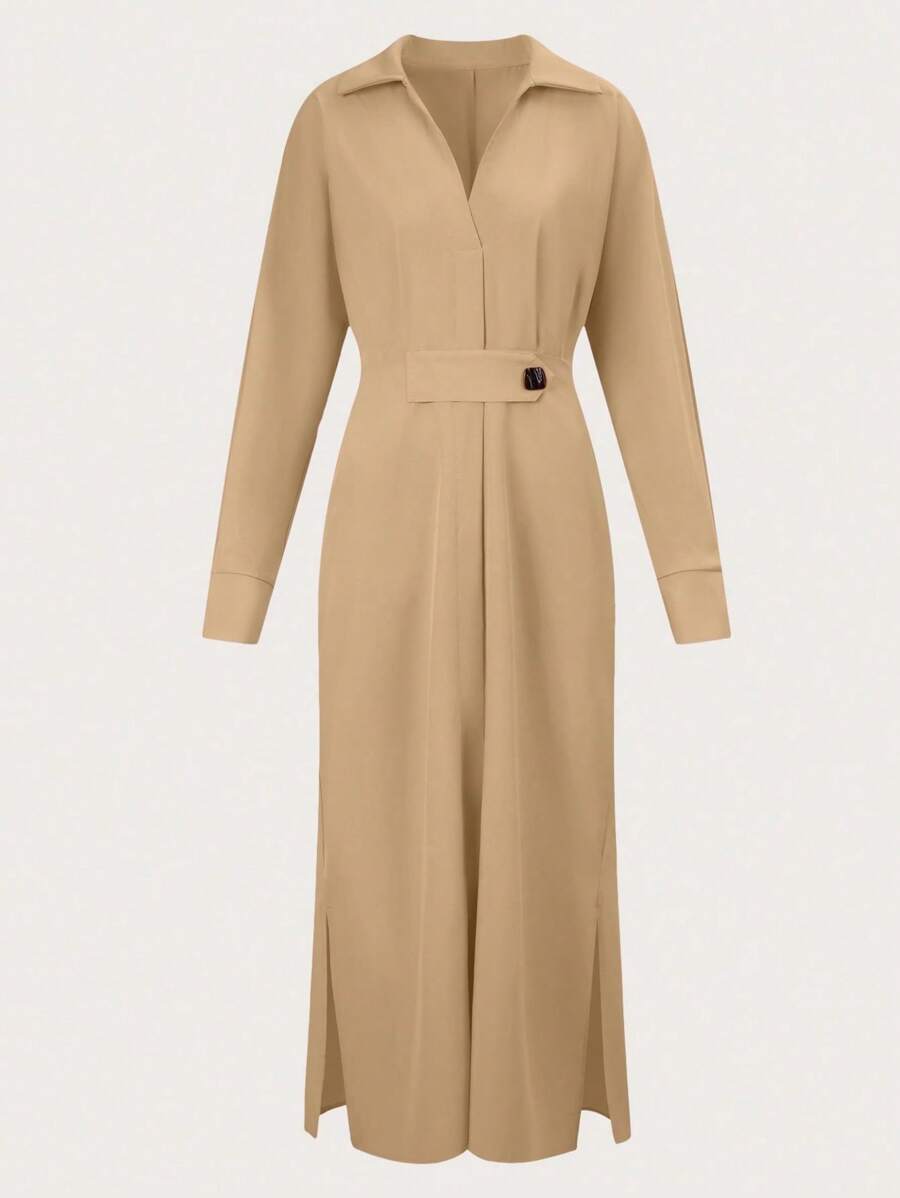 Chiquease V領開叉腰帶連衣裙 - 卡其色 - 查看 1