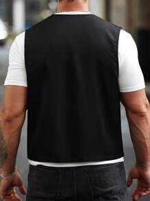 Manfinity Homme Chaleco cortavientos casual con bolsillos con cremallera de unicolor para hombres, para regalos a amigos, esposo, novio, para otoño - Negro - Ver 2