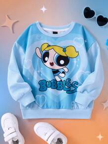 THE POWERPUFF GIRLS X SHEIN 年轻女孩卡通心形 & 渐变印花可爱运动衫