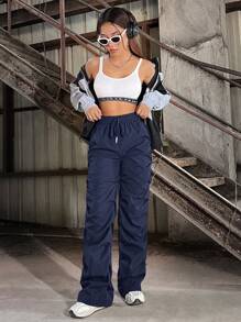 SHEIN EZwear 女式秋季 Blokecore 休闲侧抽绳腰部降落伞工装裤蓝色 - 藏蓝色 - 查看 5