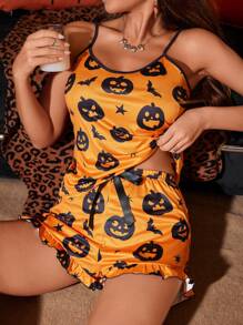Halloween Pumpkin Printed Women Pajama Set - Multicolor - View 1
