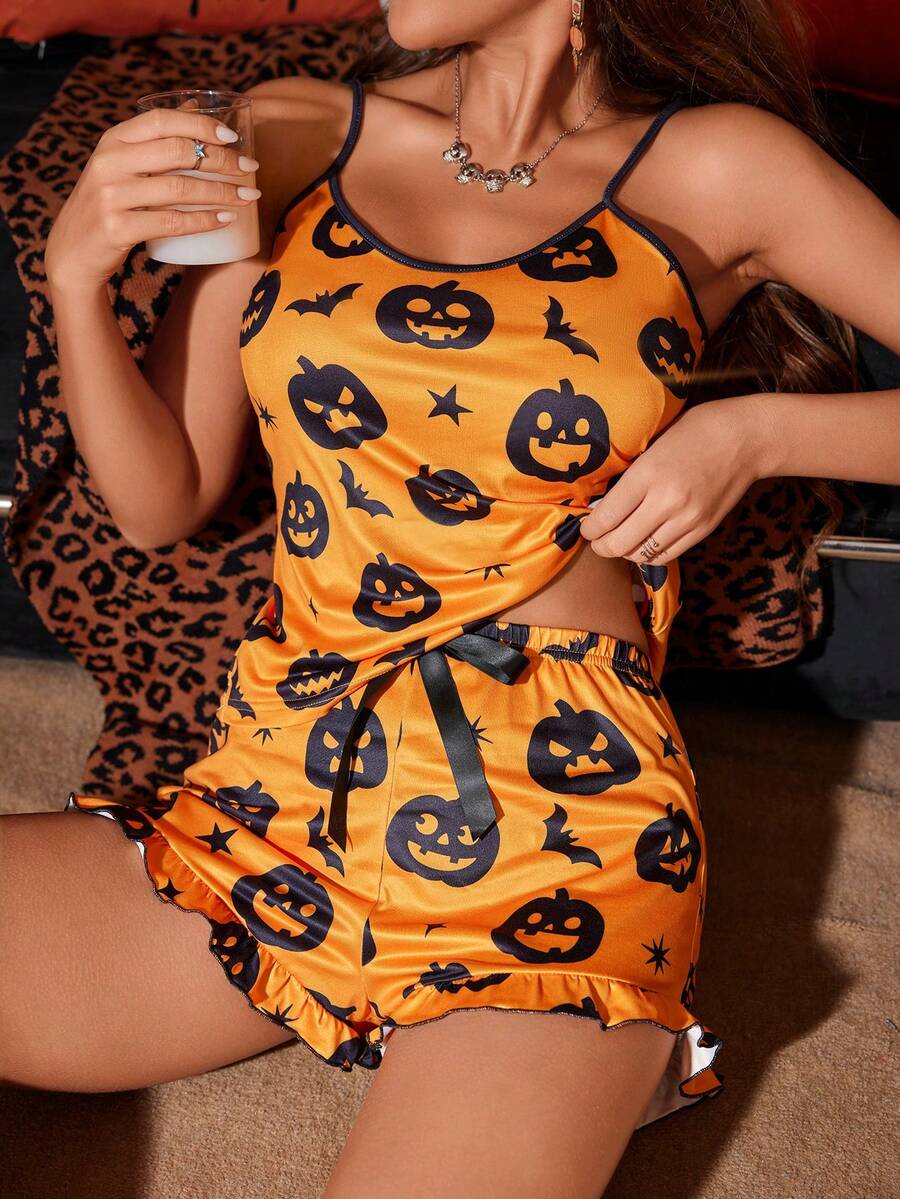 Halloween Pumpkin Printed Women Pajama Set - Multicolor - View 1
