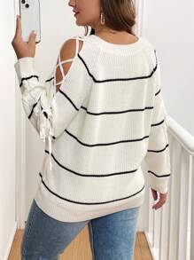 SHEIN Clasi Plus Size Black And White Striped Autumn Smart Casual Everyday V-Neck Sweater,Winter Holiday Pullover With Hollow Out Sleeve And Tie Design For Work - Black and White - View 2