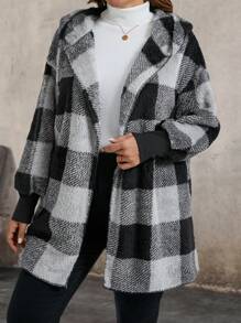 SHEIN LUNE Plus Size Women's Winter Drop Shoulder Long Sleeve Reversible Fleece Plaid Hooded Jacket - Black and White - View 3