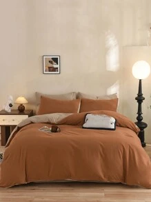 3 件套橙色和卡其色超柔软宿舍卧室被子套装，1 件羽绒被套，2 件枕套，无填充物，可机洗 - 橘色 - 查看 7