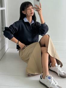 Dazy-Less 女士休闲格子拼接长袖卫衣，复古风格长袖上衣，秋季商务休闲女装 - 藏蓝色 - 查看 2