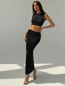 Aloruh 2 件套极简主义绿色露背无袖上衣 + 绿色紧身长裙套装（女款） - 黑色 - 查看 5