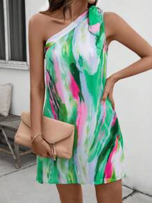 SHEIN LUNE Đầm Thắt nút Tất cả trên in Giải trí - màu xanh lá - Xem 1