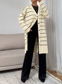 RueChic Woman Rhinestones Button Front Loose Fit Striped Long Comfy And Warm Sweater Cardigan - Beige - View 5