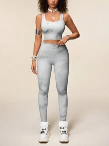 Easithlete 女士扎染无袖上衣和紧身裤无缝运动套装 - 灰色 - 查看 7