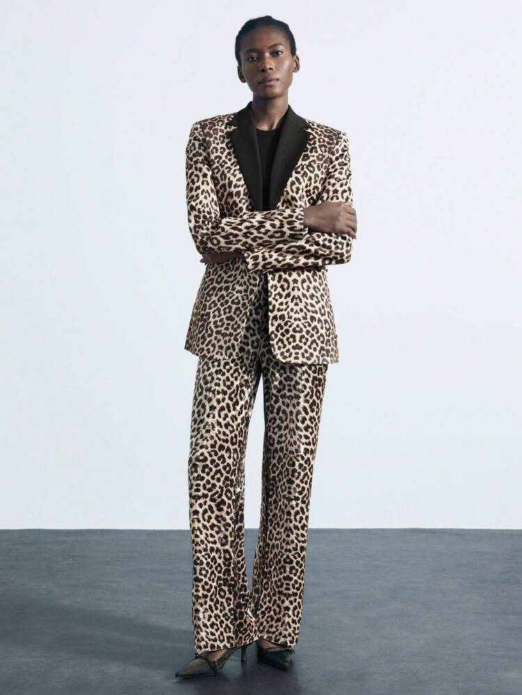 SHEIN Maija Leopard Print Color Block Notched Collar Long Sleeve Fashion Spring/Summer Women Blazer Jacket In Fall/Winter