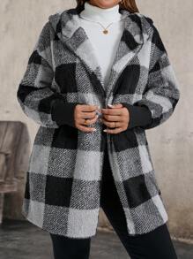 SHEIN LUNE Plus Size Women's Winter Drop Shoulder Long Sleeve Reversible Fleece Plaid Hooded Jacket - Black and White - View 4