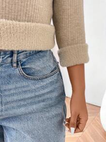 Flirla Plus Size Solid Stand Collar Casual Long Sleeve Sweater, Autumn/Winter