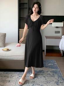 DAZY Women's Solid Color Ruffled V-Neck Cinched Waist Nightgown Pajama - Black - View 5