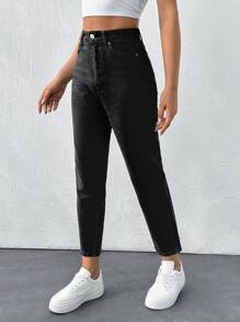 EURMUSE High Waist Mom Fit Jeans - Black - View 4