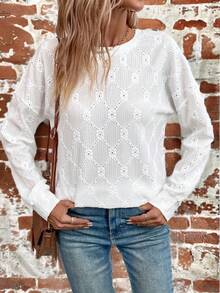 SHEIN LUNE 紋理提花織物圓領披肩長袖運動衫 - 白色 - 查看 3