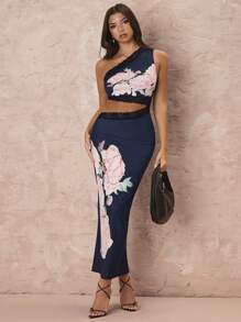 Glamine Vestito asimmetrico con scollo scavato, in pizzo floreale e patchwork sexy - Blu Navy - Visualizzare 6