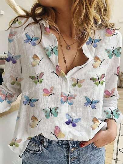 Plus Size Women's Shirts,Butterfly Print Long Sleeve Shirt For Spring & Summer - Casual Button Front Top With Stylish Design