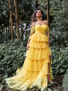 Faeriesty Fringed Trim Off Shoulder Ruched Bustie Prom Dress - Yellow - View 6