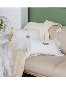 1 件水洗蕾丝荷叶边装饰枕头/腰垫套，复古法式蕾丝饰边，适用于客厅沙发装饰（不含枕芯） - 白色 - 查看 3