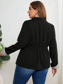 EMERY ROSE Plus Size Casual Drawstring Waist Stand Collar Striped Cuff Blazer Jacket, Fall Clothes - Black and White - View 2