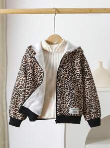 Young Girl Leopard Print Thermal Lined Hooded Letter Applique Casual Jacket