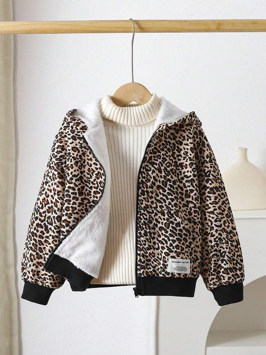 Young Girl Leopard Print Thermal Lined Hooded Letter Applique Casual Jacket