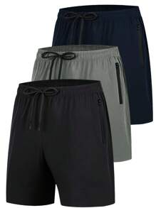 Manfinity Homme 3 Peças Conjunto de Shorts Casuais Masculinos com Cordão na Cintura, Zíper na Frente, Ajuste Descontraído, Shorts de Moletom com Cordão para Treino, Presente para Marido ou Namorado
